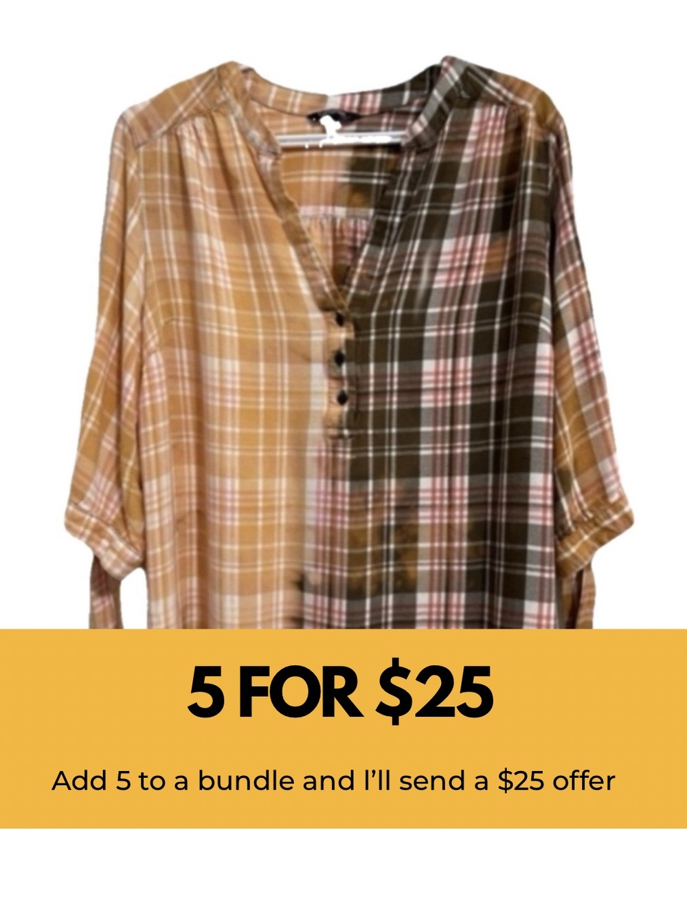 Bleach dipped plaid top with tie up 3/4 length sleeves.